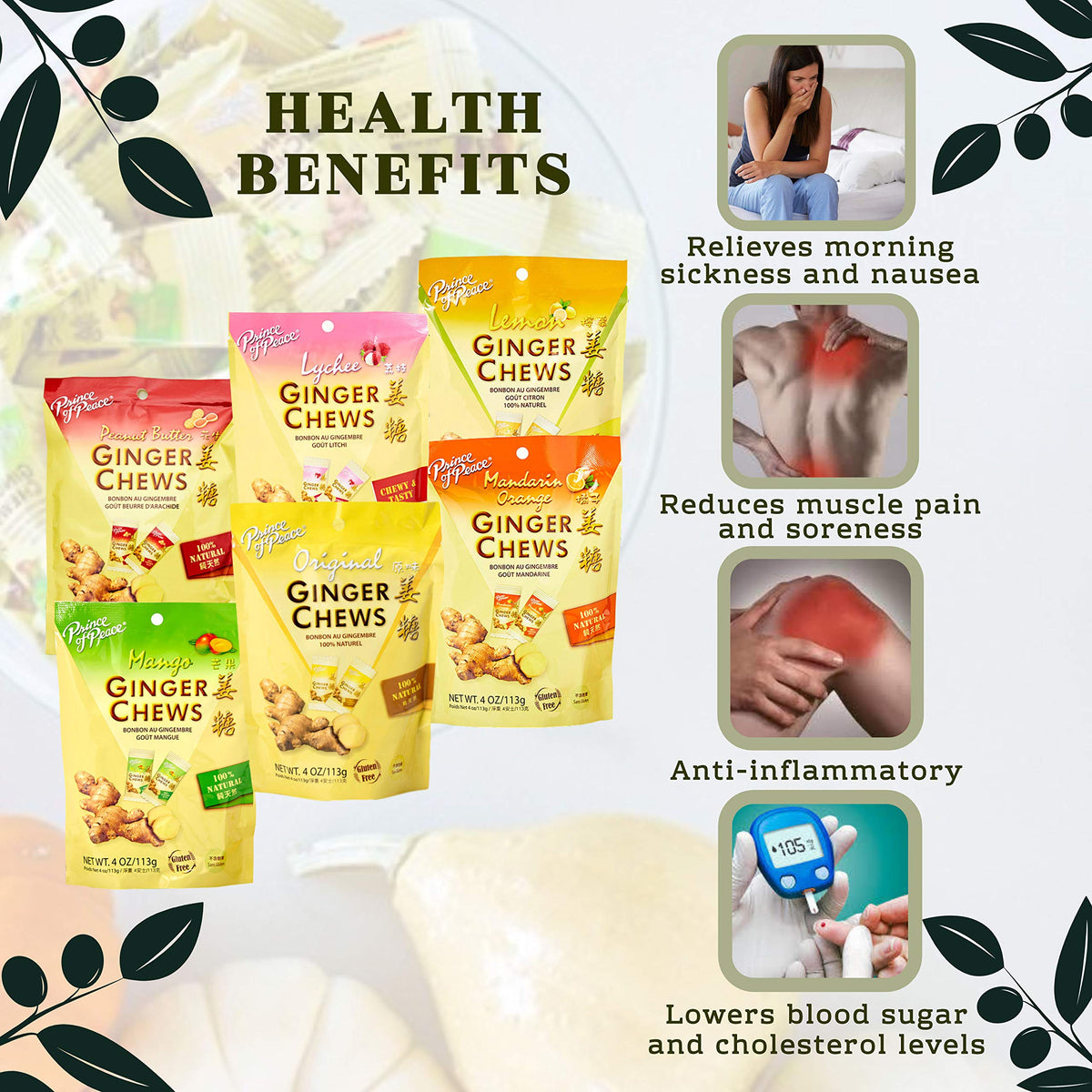Prince Of Peace Ginger Chews 6-Pack — 6 Flavors (Original, Lemon, Orange, Mango, Lychee, Peanut Butter) | 100% Natural, Vegan, Gluten-Free