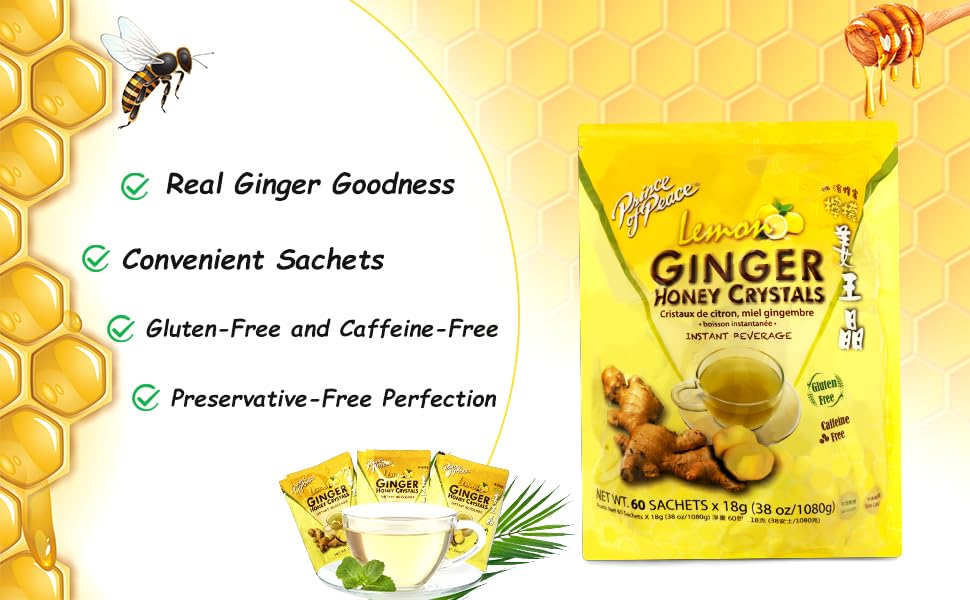 Prince Of Peace Instant Ginger Honey Crystals with Lemon – 60 Sachets (Gluten Free, Caffeine Free)