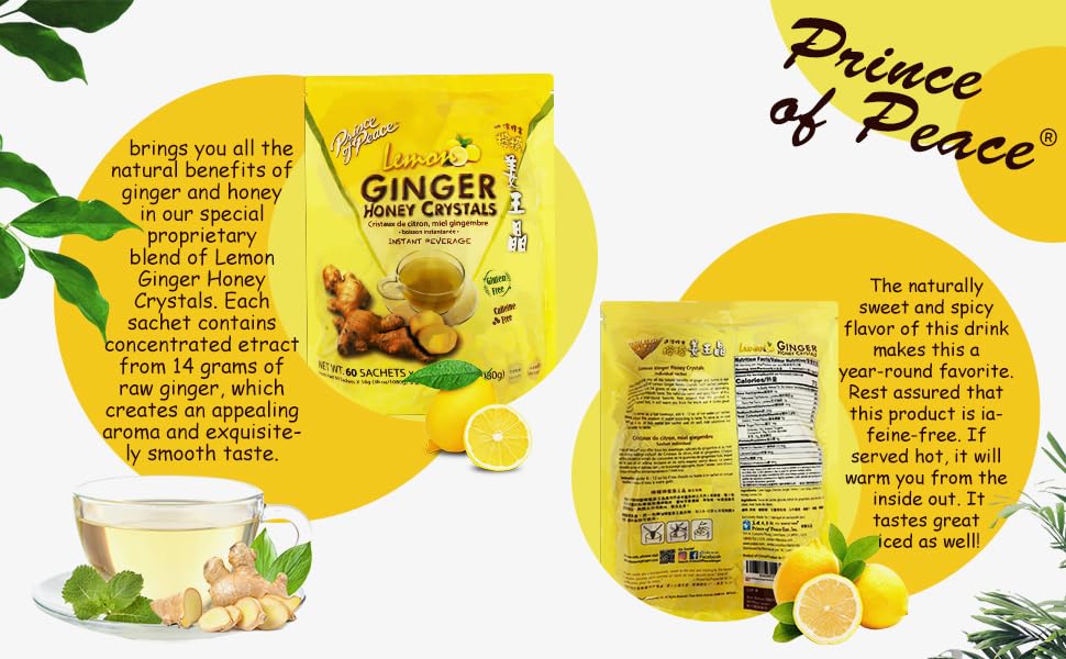 Prince Of Peace Instant Ginger Honey Crystals with Lemon – 60 Sachets (Gluten Free, Caffeine Free)