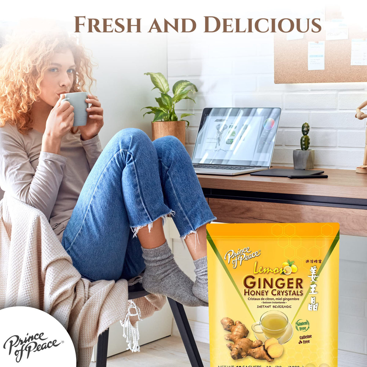 Prince Of Peace Instant Ginger Honey Crystals with Lemon – 60 Sachets (Gluten Free, Caffeine Free)