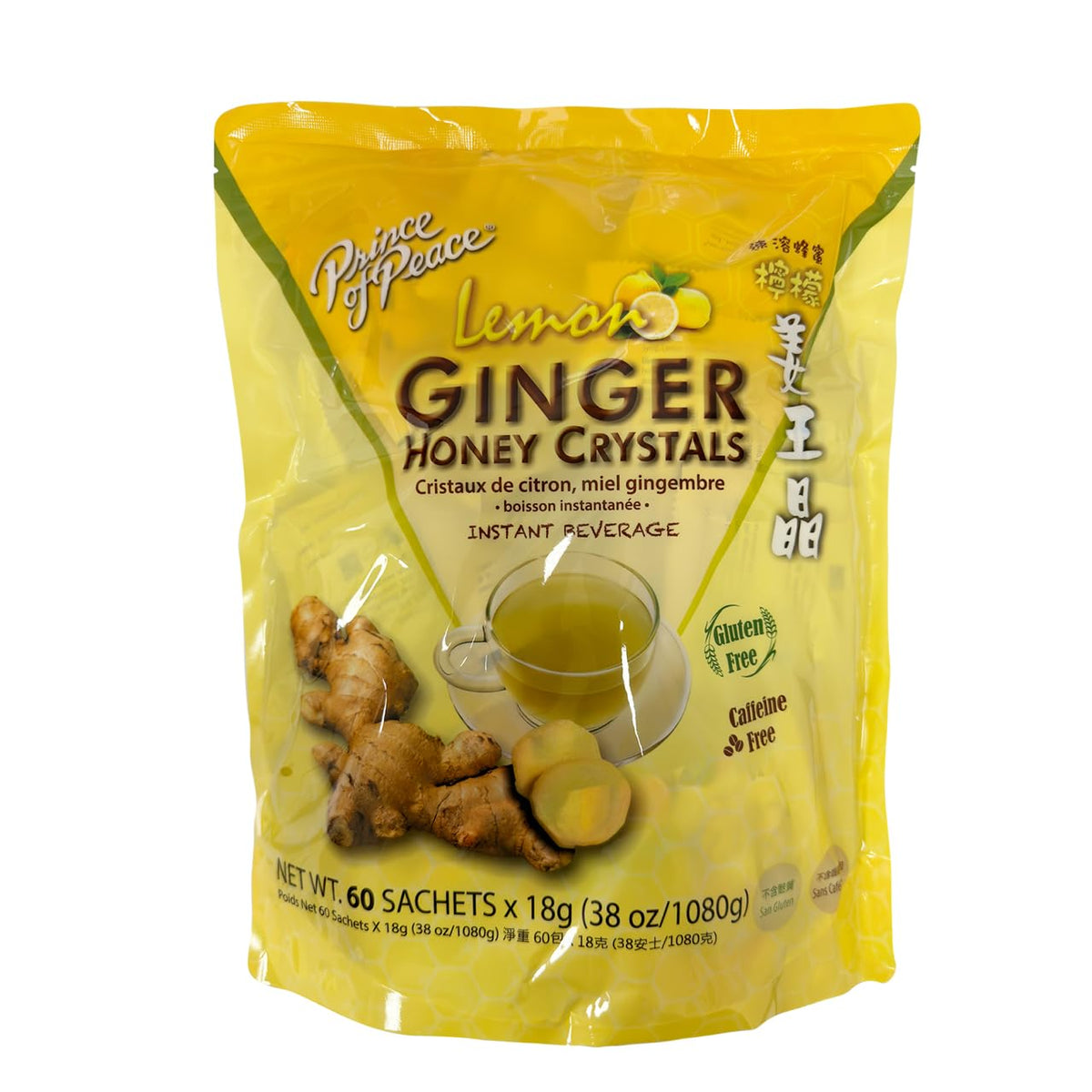 Prince Of Peace Instant Ginger Honey Crystals with Lemon – 60 Sachets (Gluten Free, Caffeine Free)