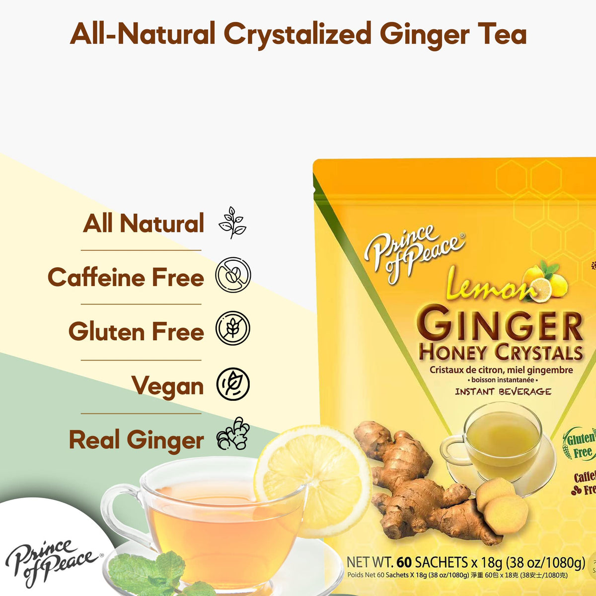 Prince Of Peace Instant Ginger Honey Crystals with Lemon – 60 Sachets (Gluten Free, Caffeine Free)