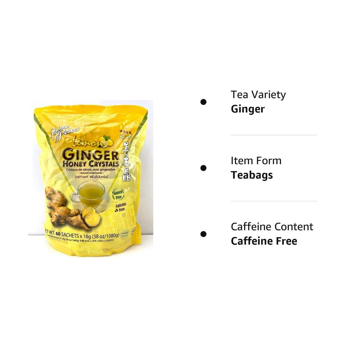 Prince Of Peace Instant Ginger Honey Crystals with Lemon – 60 Sachets (Gluten Free, Caffeine Free)