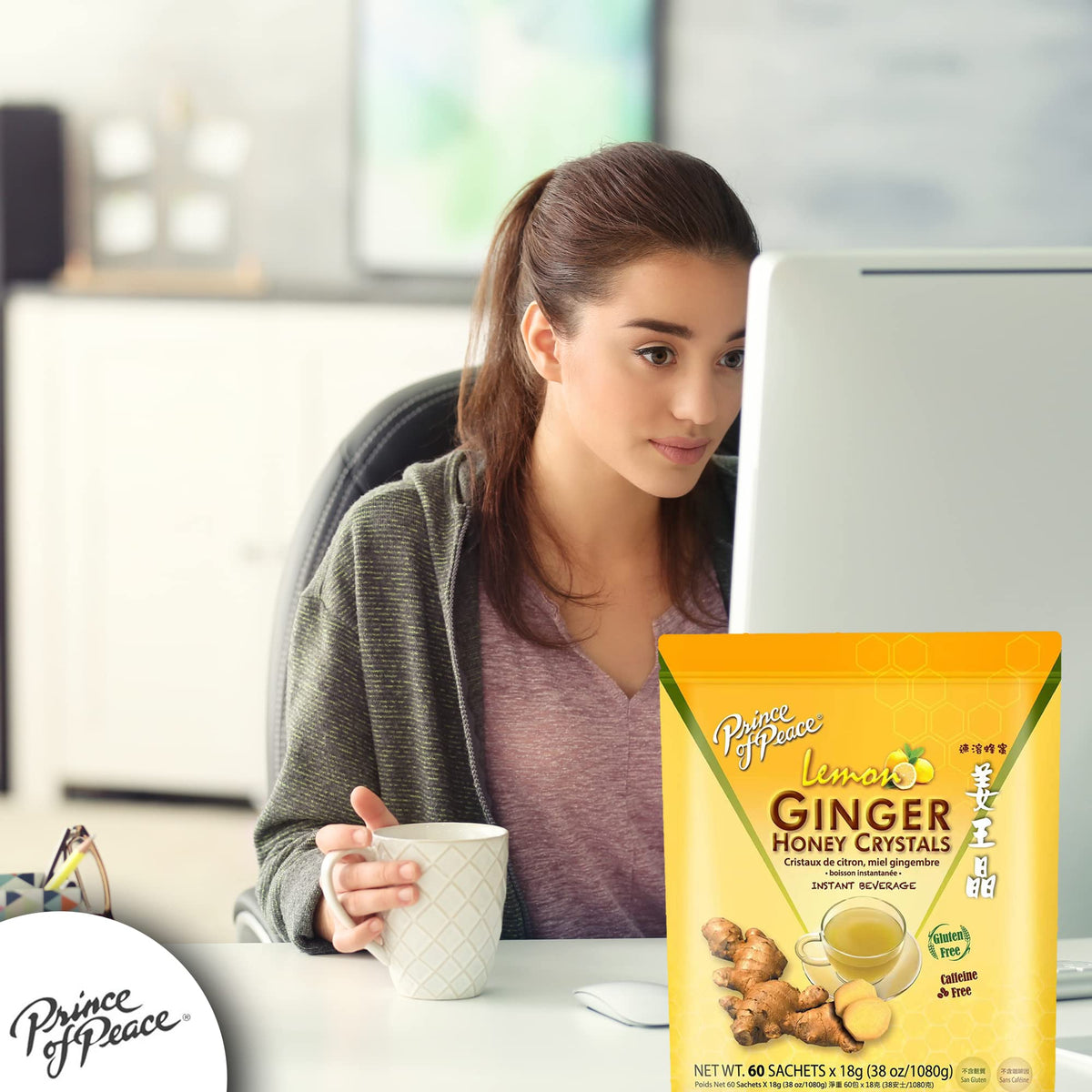 Prince Of Peace Instant Ginger Honey Crystals with Lemon – 60 Sachets (Gluten Free, Caffeine Free)