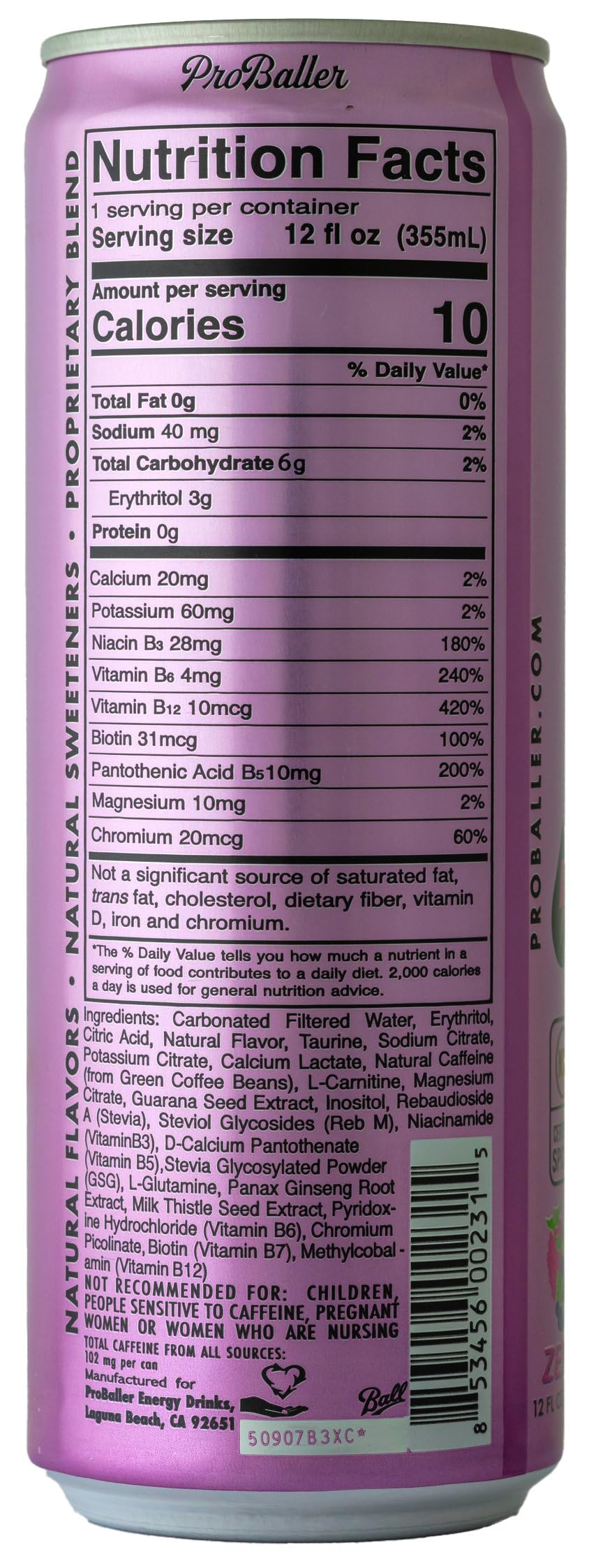 PROBALLER Clean Energy Drink – Athlete-Grade Focus, NSF Certified for Sport, Zero Sugar – Wild Berry, 12 fl oz (15 Pack)