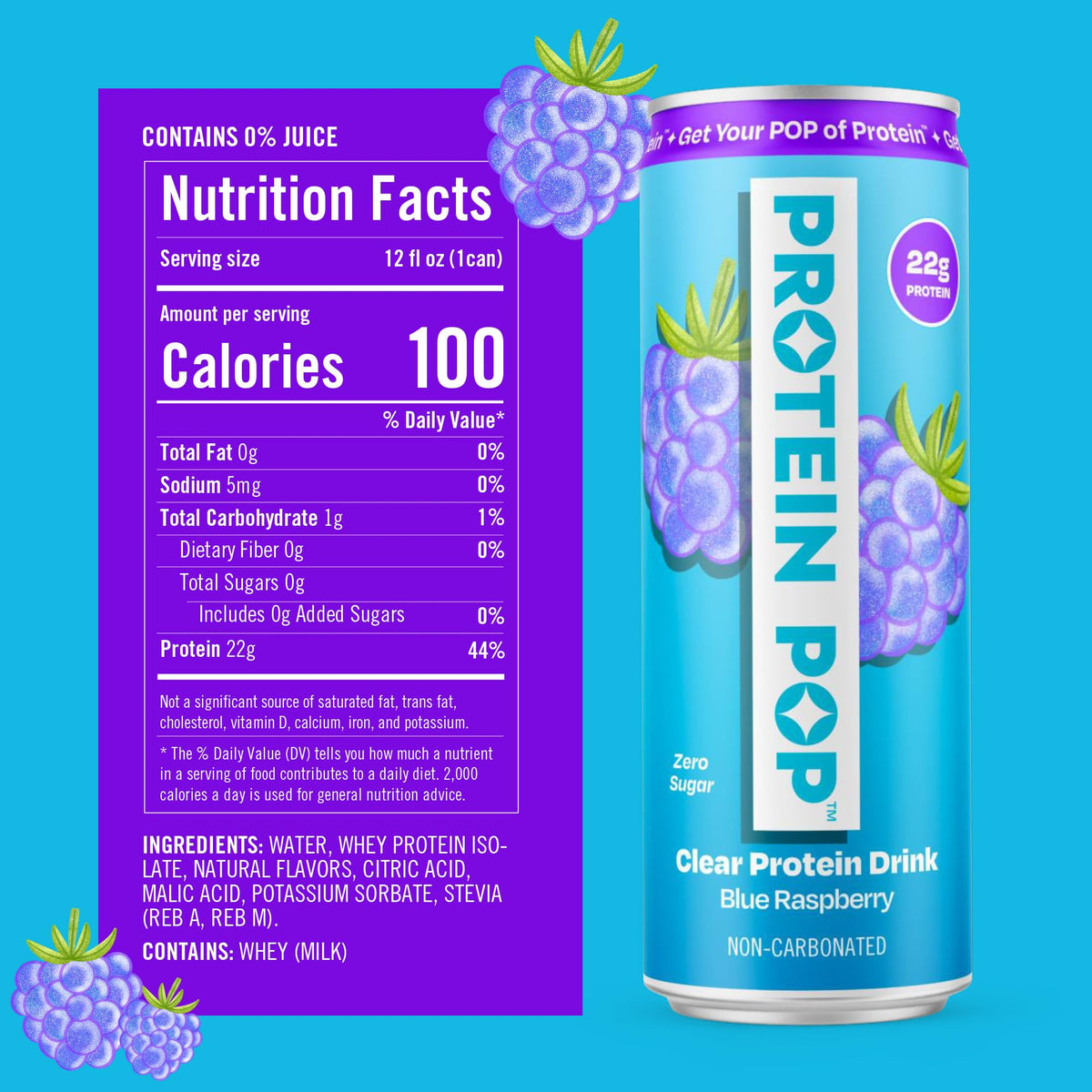 Protein Pop Ready-to-Drink Clear Whey Protein Isolate – 22g Protein, Zero Sugar, Blue Raspberry, 12oz Can (6-Pack)