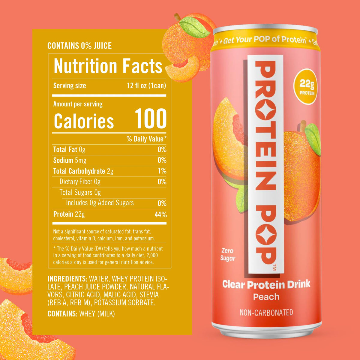Protein Pop Clear Whey Isolate Ready-to-Drink Peach - 22g Protein, Zero Sugar, 12oz - 6-Pack