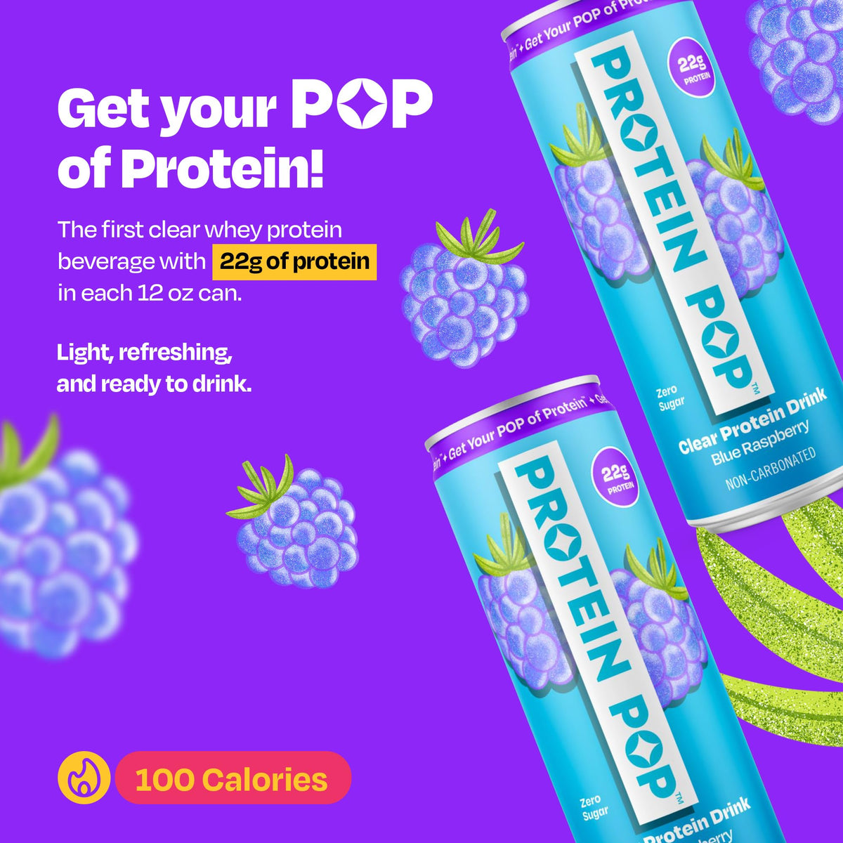 Protein Pop Ready-to-Drink Clear Whey Protein Isolate – 22g Protein, Zero Sugar, Blue Raspberry, 12oz Can (6-Pack)