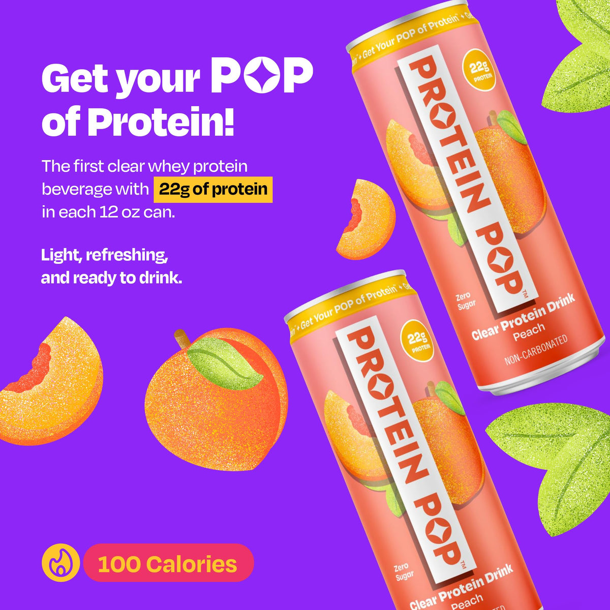 Protein Pop Clear Whey Isolate Ready-to-Drink Peach - 22g Protein, Zero Sugar, 12oz - 6-Pack