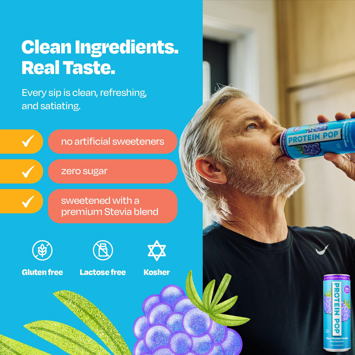 Protein Pop Ready-to-Drink Clear Whey Protein Isolate – 22g Protein, Zero Sugar, Blue Raspberry, 12oz Can (6-Pack)
