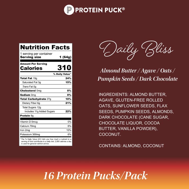 Protein Puck Plant Based Bars – Daily Bliss, 16 Count, Gluten Free, Non-Dairy, Kosher Certified