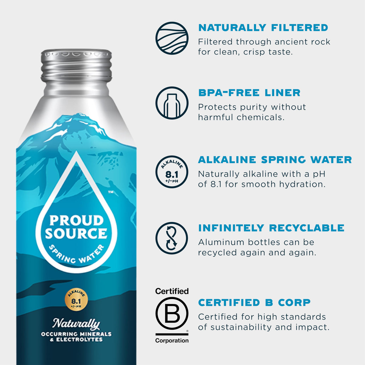 Proud Source Alkaline Spring Water – Rocky Mountain Mineral Water with Electrolytes (16 oz, Pack of 6)