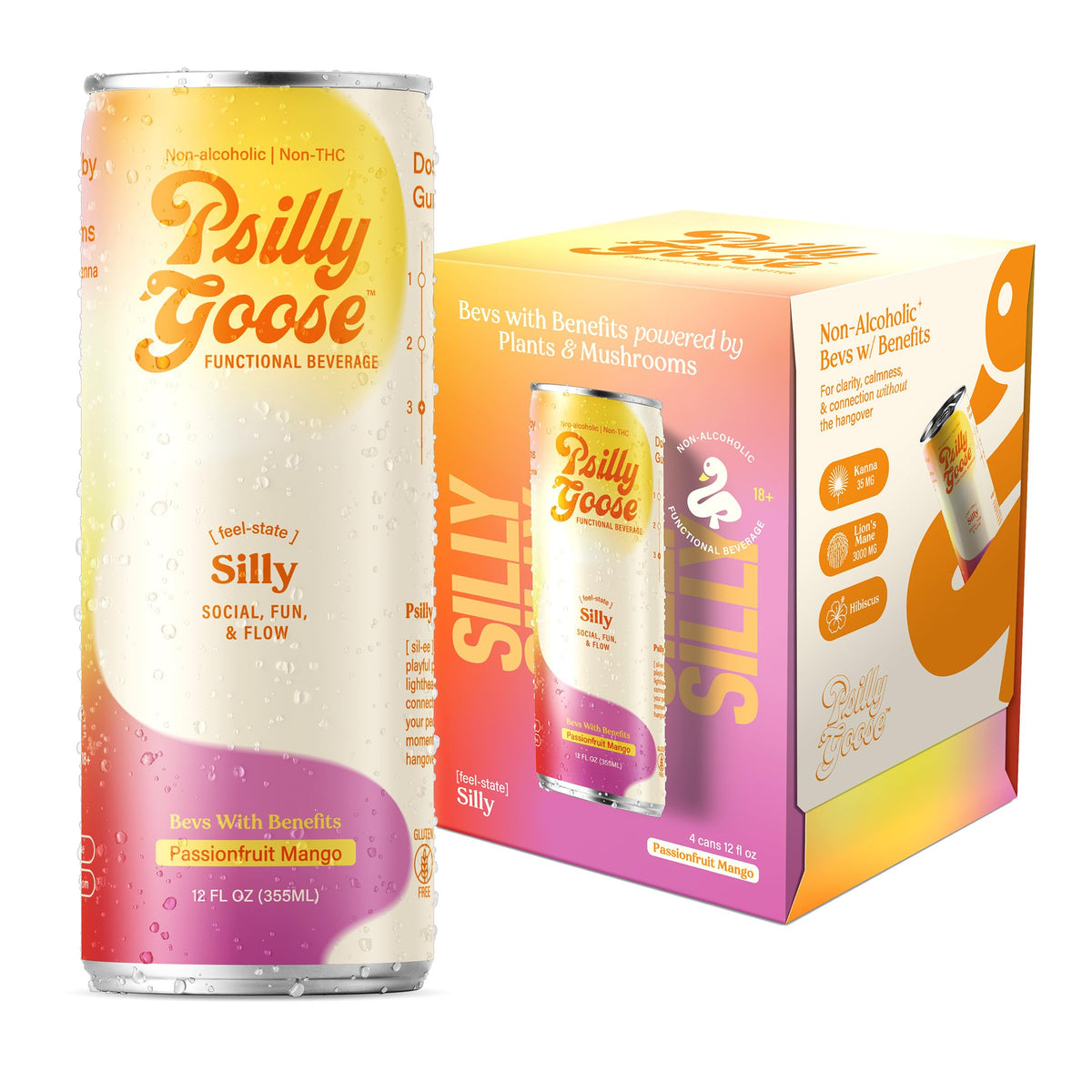Psilly Goose Adaptogen Drink – Passionfruit Mango Sparkling Mocktail with Kanna & Lion's Mane (12 oz, 4 Pack)