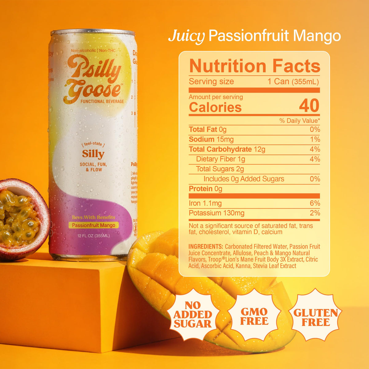 Psilly Goose Adaptogen Drink – Passionfruit Mango Sparkling Mocktail with Kanna & Lion's Mane (12 oz, 4 Pack)