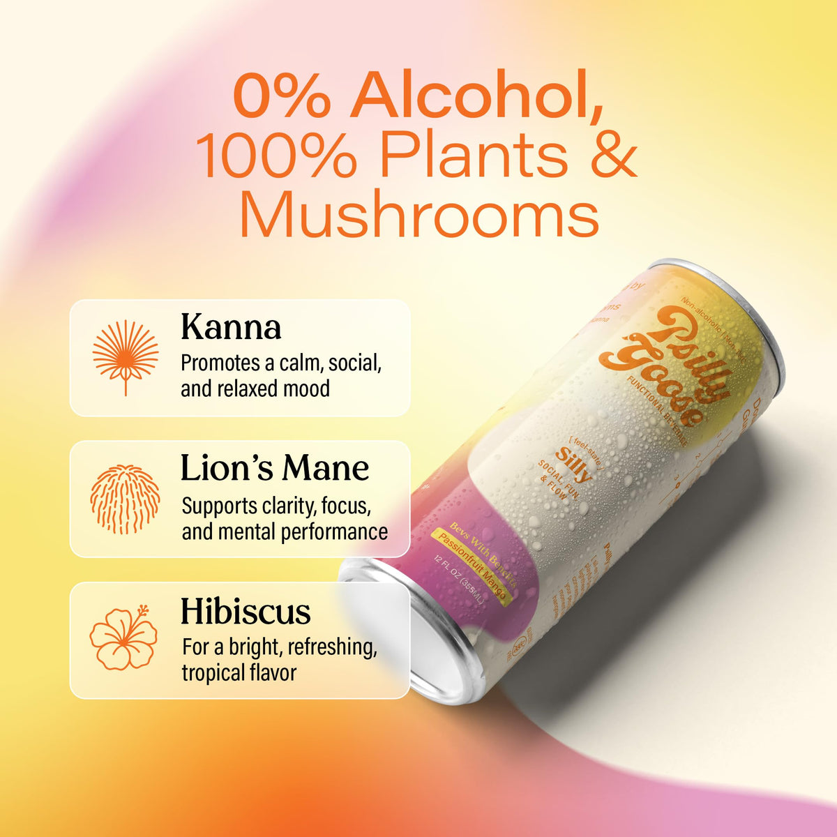 Psilly Goose Adaptogen Drink – Passionfruit Mango Sparkling Mocktail with Kanna & Lion's Mane (12 oz, 4 Pack)