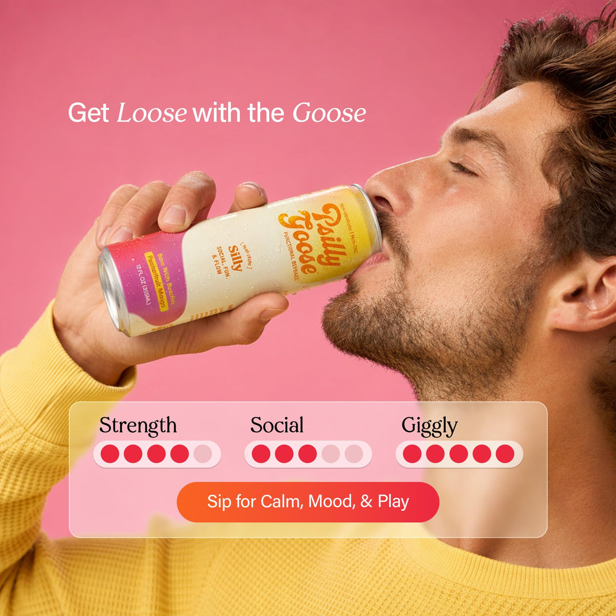 Psilly Goose Adaptogen Drink – Passionfruit Mango Sparkling Mocktail with Kanna & Lion's Mane (12 oz, 4 Pack)
