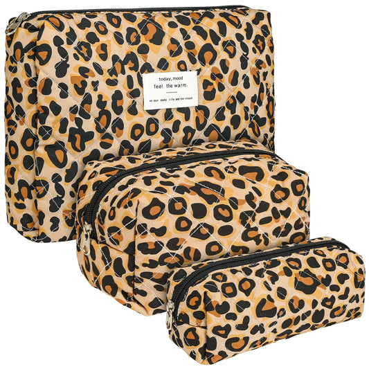 Puchifoda Quilted Makeup Bag Set,3 Pcs Puffy Cosmetic Bags Aesthetic Make Up Bags,Small Zipper Pouch,Travel Toiletry Bag Purse Organizer Pouches for Women (Leopard-Print)