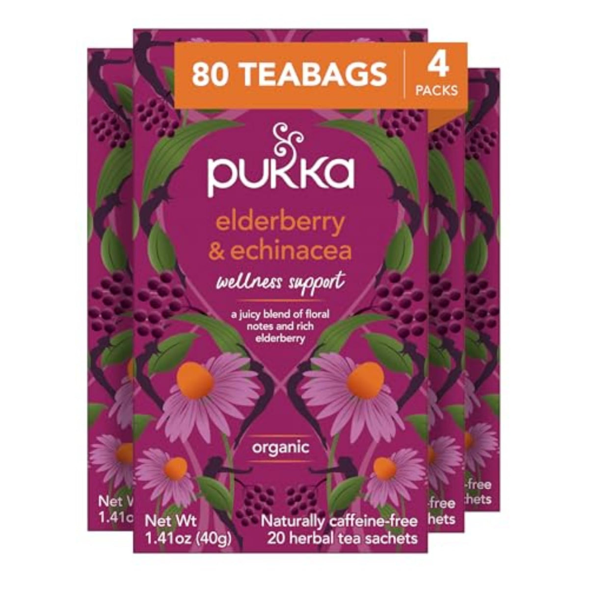 Pukka Elderberry & Echinacea Organic Herbal Tea — Decaf, 80 Bags (4-Pack) | Caffeine-Free Wellness Tea