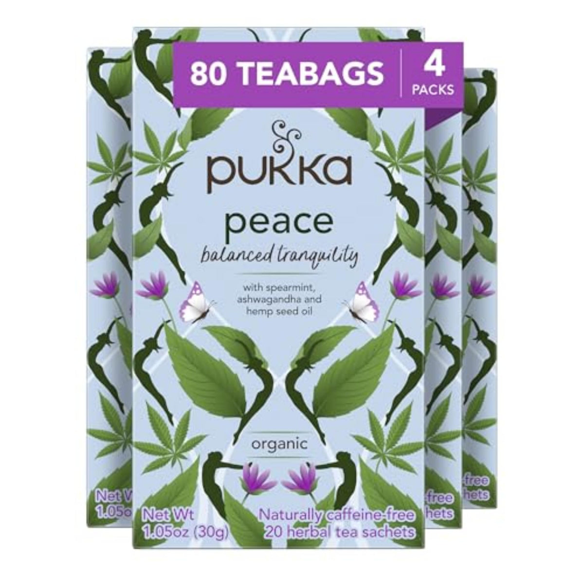 Pukka Peace Organic Herbal Tea Bags – Caffeine-Free with Spearmint, Ashwagandha & Hemp Seed Oil | 80 Bags (4x20)