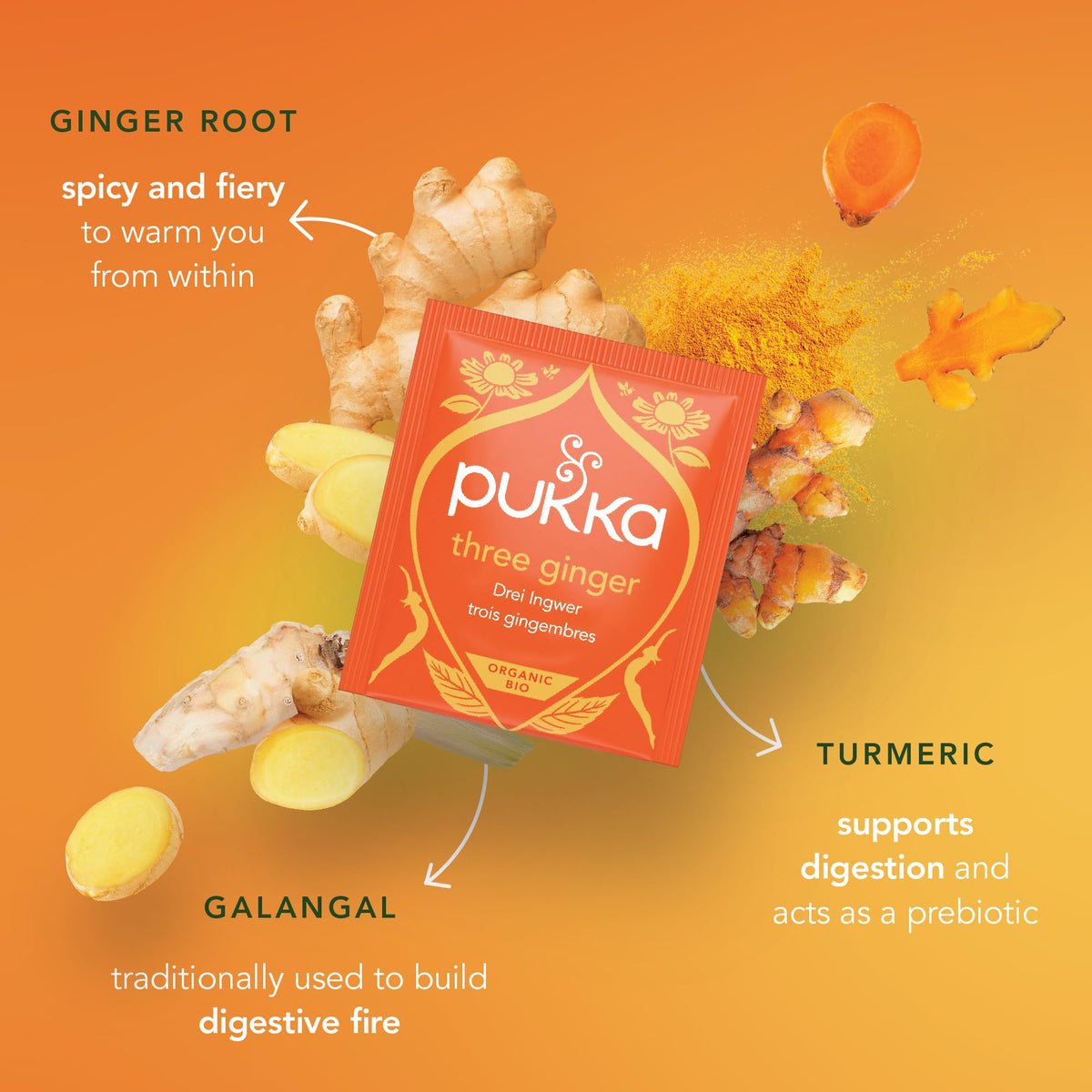 Pukka Three Ginger Organic Herbal Tea – Caffeine Free, Digestion-Friendly, 80 Bags (4x20)
