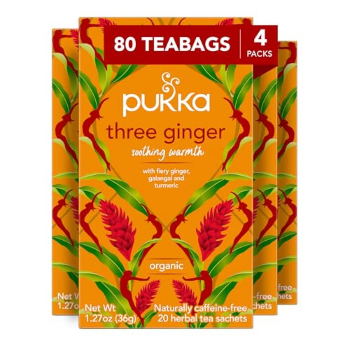 Pukka Three Ginger Organic Herbal Tea – Caffeine Free, Digestion-Friendly, 80 Bags (4x20)