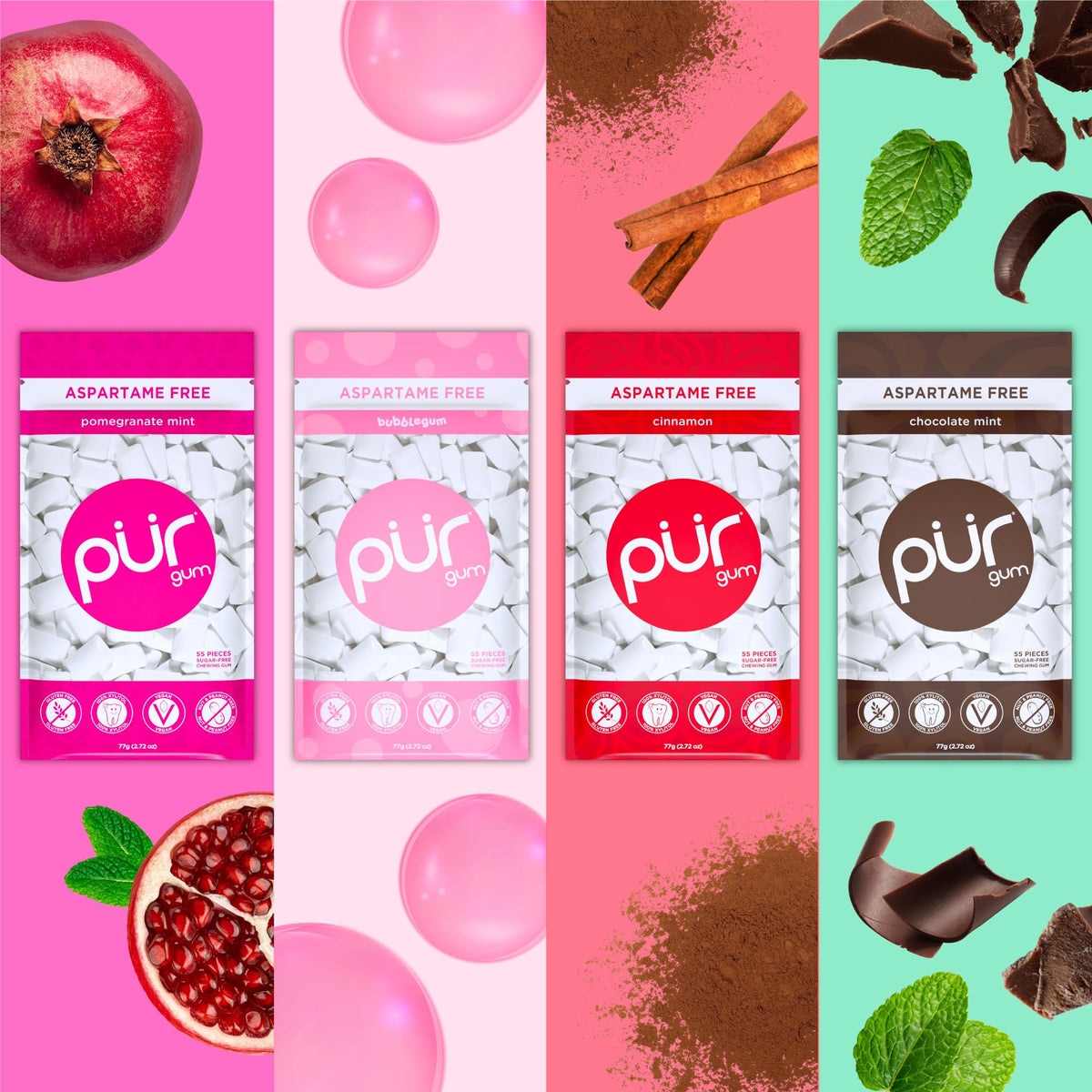PUR Gum | Aspartame-Free Chewing Gum with 100% Xylitol | Variety Pack (8 Flavors) | 55 Pieces per Bag