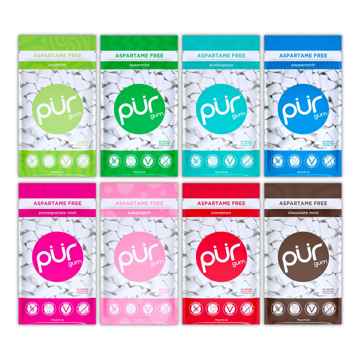 PUR Gum | Aspartame-Free Chewing Gum with 100% Xylitol | Variety Pack (8 Flavors) | 55 Pieces per Bag