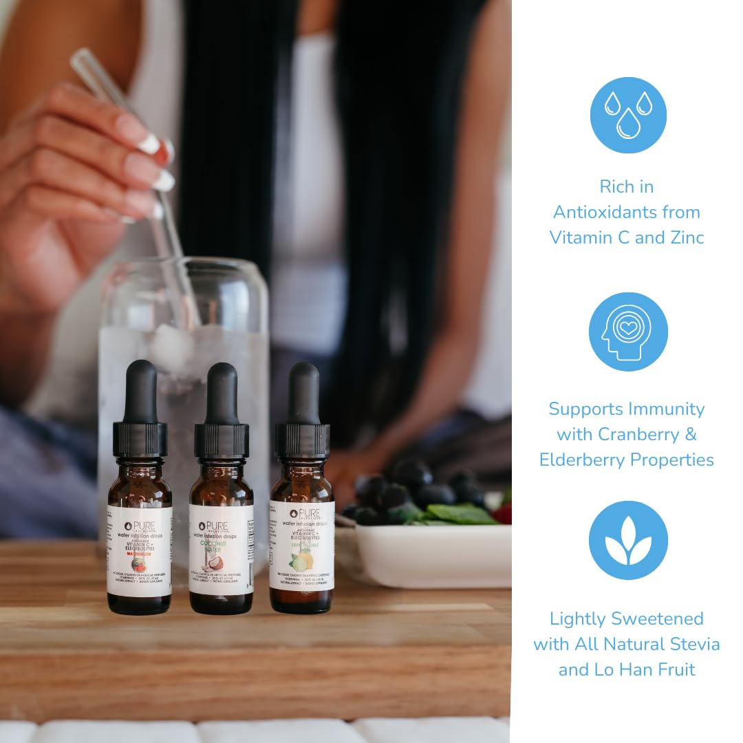 Pure Inventions Coconut Water, Lemon Lime & Watermelon Infusion Drops – Antioxidants, Vitamin C & Electrolytes | Sugar Free, Zero Calorie