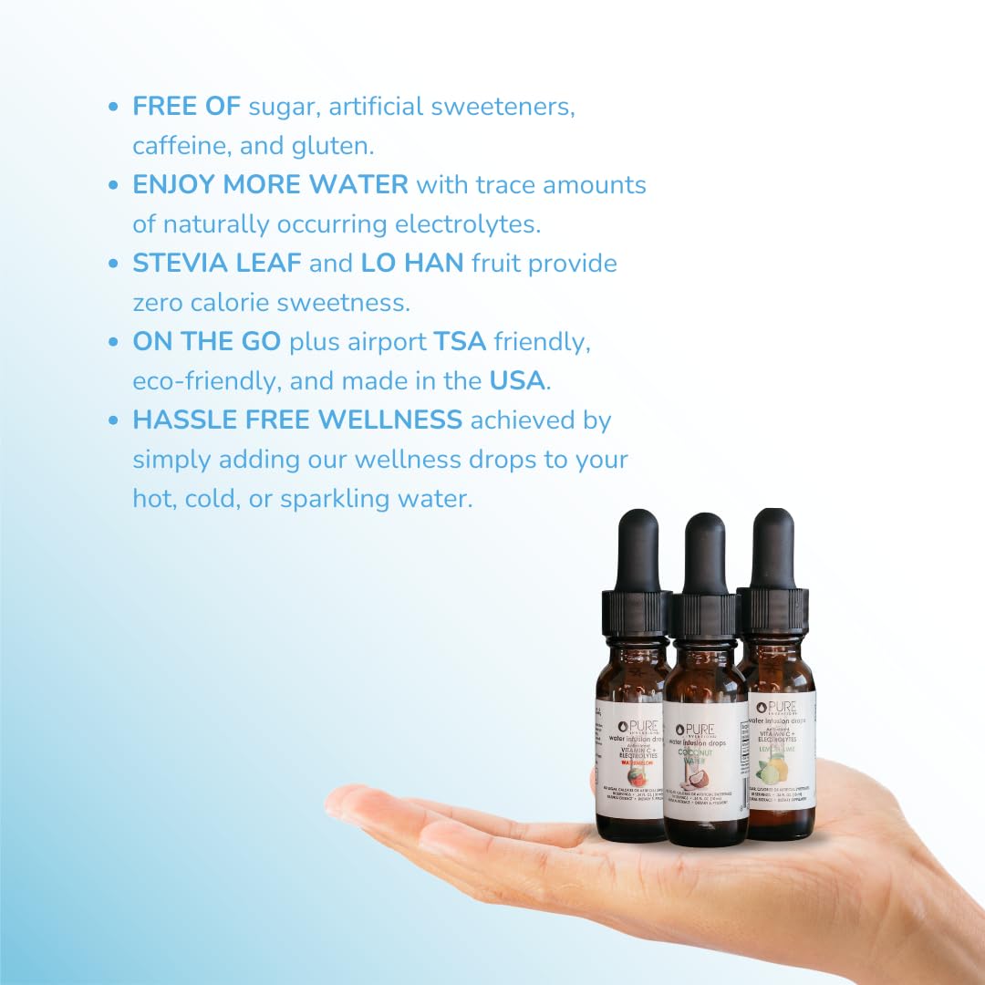 Pure Inventions Coconut Water, Lemon Lime & Watermelon Infusion Drops – Antioxidants, Vitamin C & Electrolytes | Sugar Free, Zero Calorie