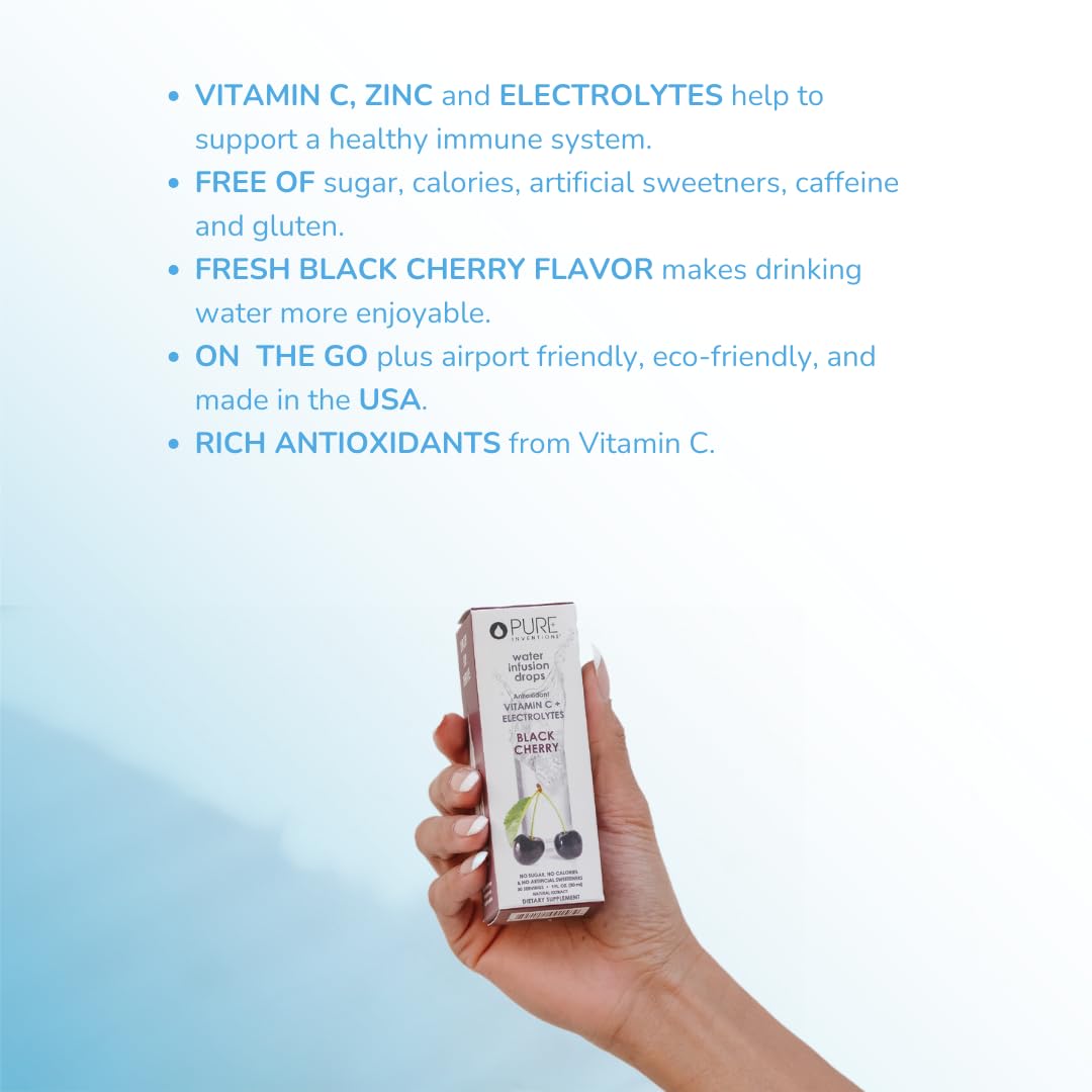 Pure Inventions Water Enhancer Drops – Vitamin C Electrolyte Hydration, Black Cherry, 30 Servings