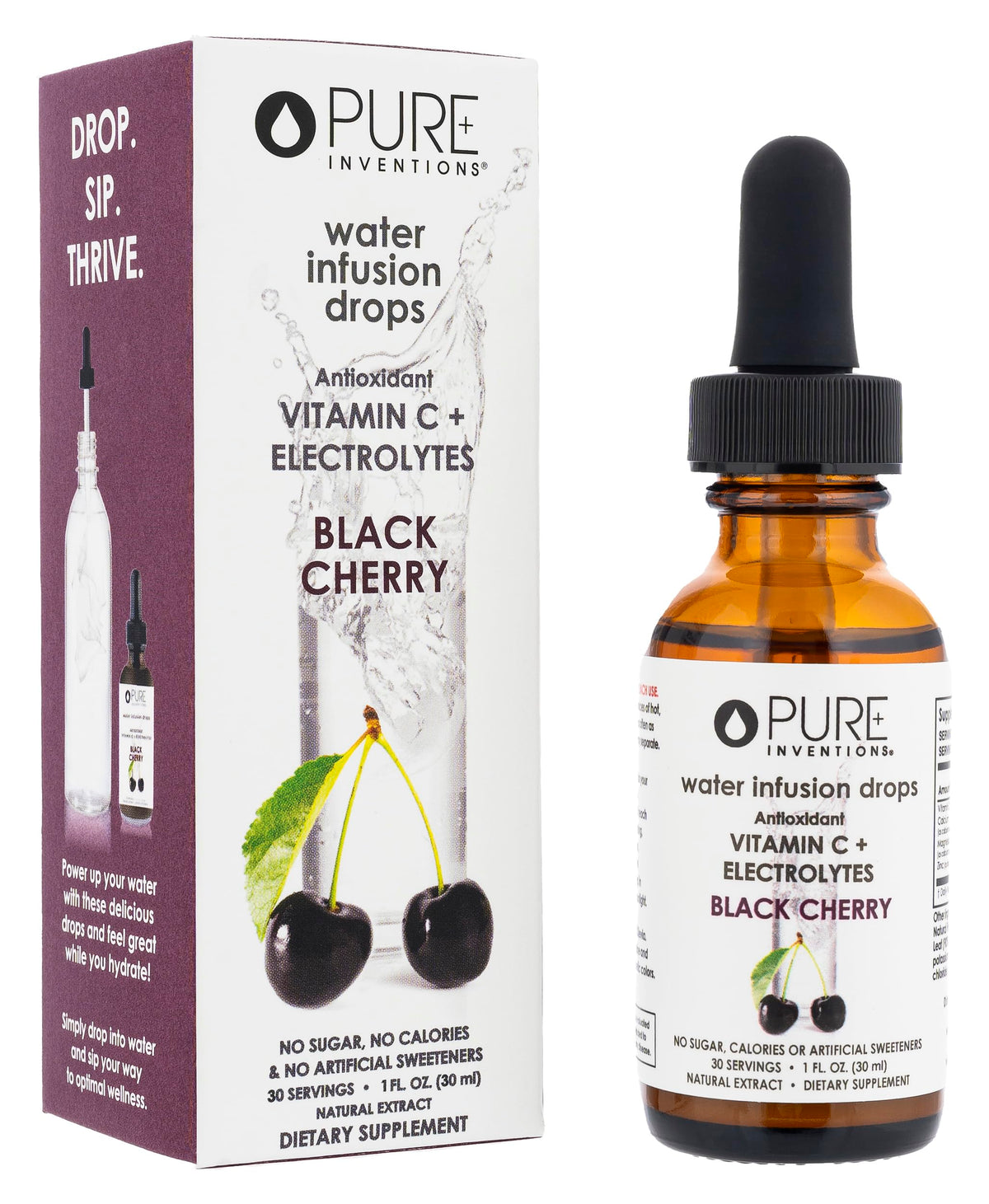 Pure Inventions Water Enhancer Drops – Vitamin C Electrolyte Hydration, Black Cherry, 30 Servings