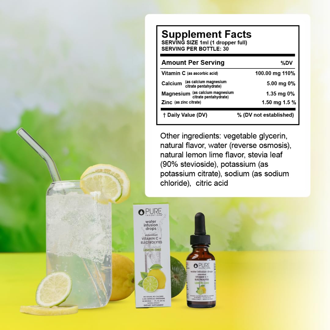 Pure Inventions - Water Enhancer Drops | Sugar-Free Electrolyte Drops with Vitamin C | Lemon Lime | 30 Servings