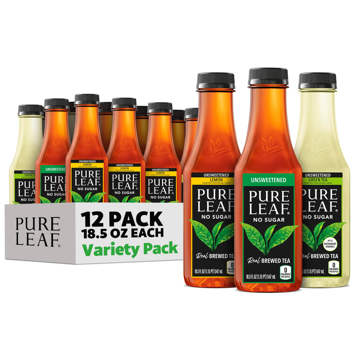 Pure Leaf Iced Tea Unsweetened Variety Pack – 12 x 18.5 oz Bottles, Zero Sugar & Zero Calories