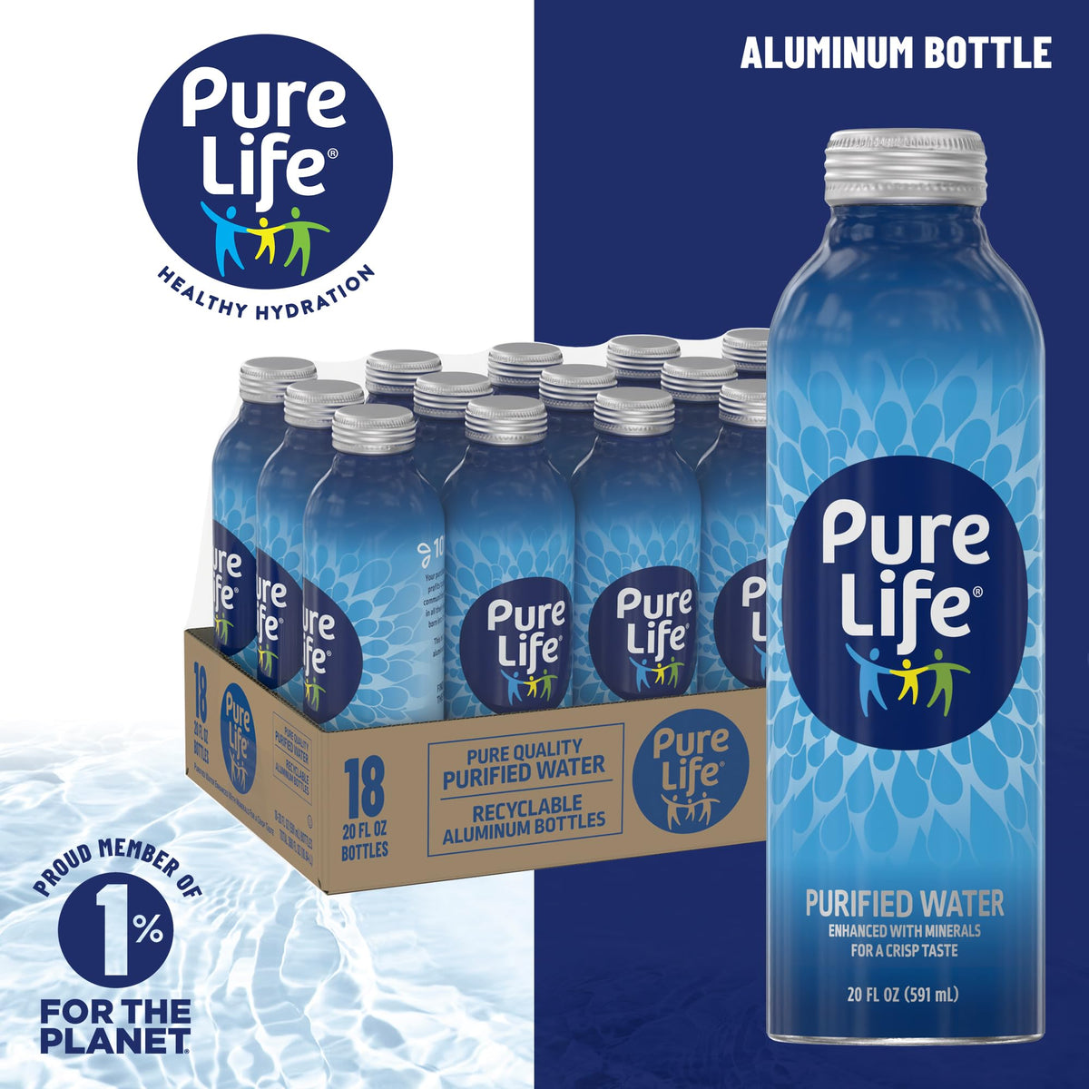 Pure Life Purified Water — 18-Pack, 20 fl oz Aluminum Bottles with Mineral-Enhanced Crisp Taste