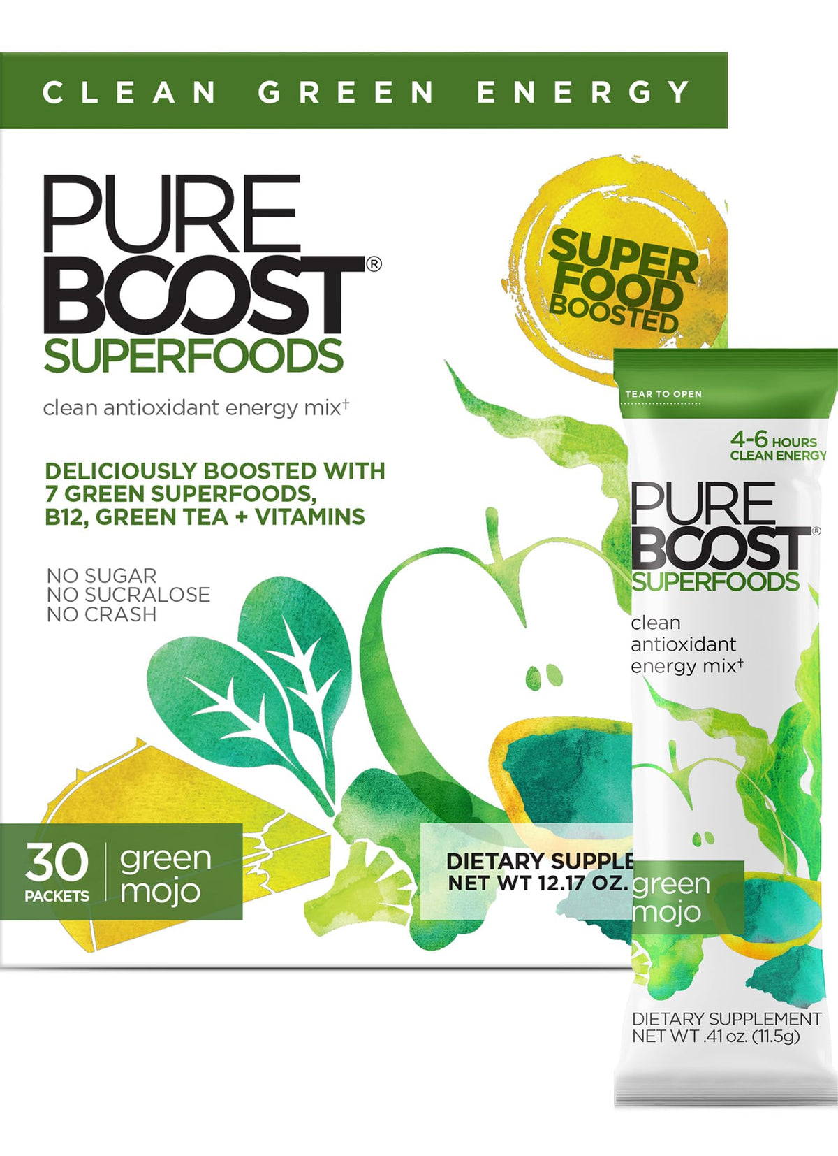 Pureboost Green Mojo Sugar-Free Energy Booster | 30 Count with 7 Organic Green Superfoods