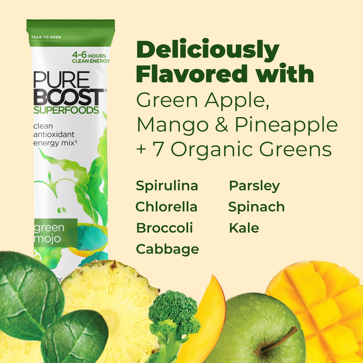 Pureboost Green Mojo Sugar-Free Energy Booster | 30 Count with 7 Organic Green Superfoods