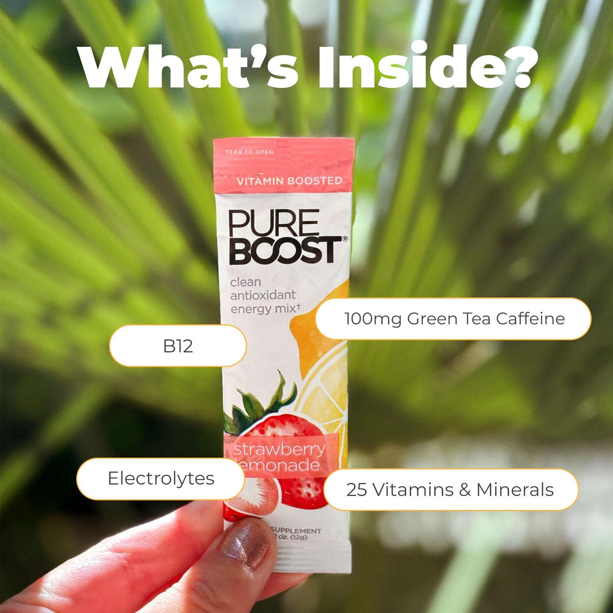 Pureboost Sugar-Free Clean Energy Booster – Strawberry Lemonade, 30 Count | B12, Electrolytes, Antioxidants