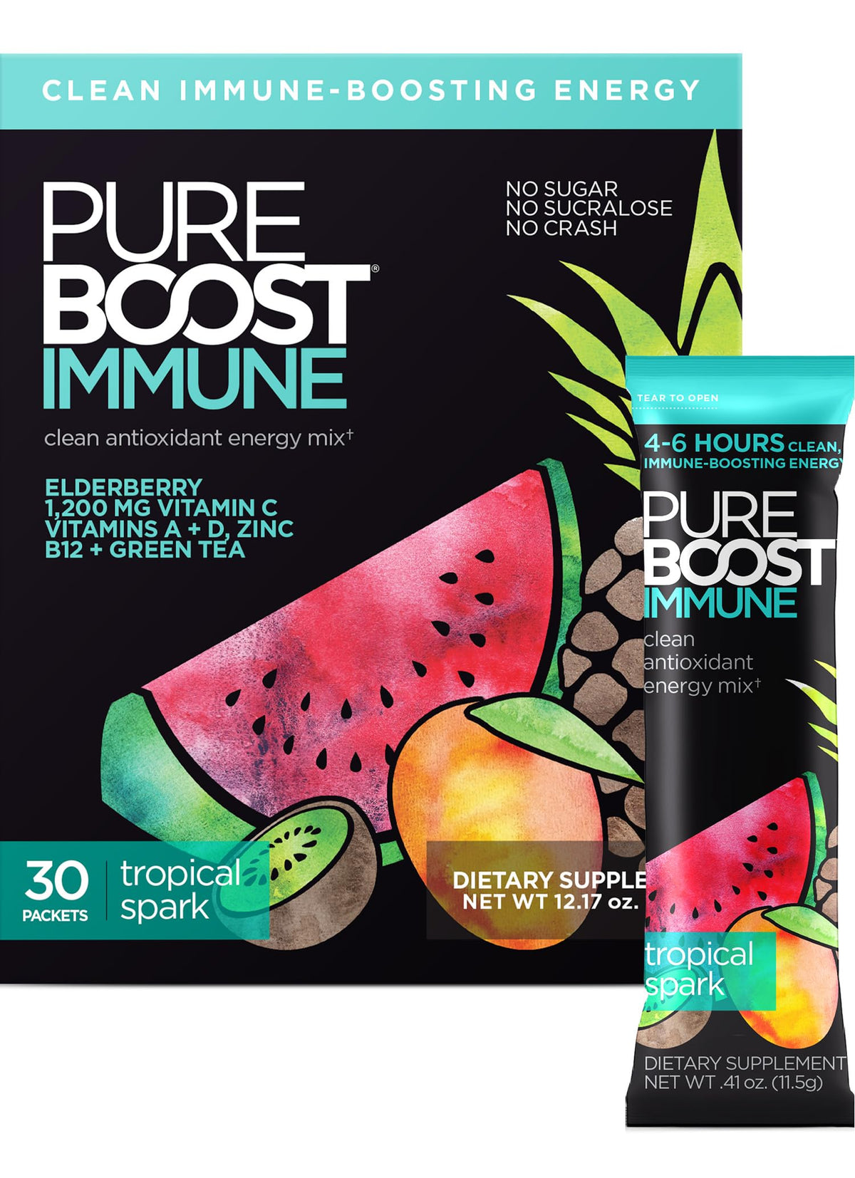 Pureboost Sugar-Free Immune Clean Energy Booster – Tropical Spark, 30 Pack