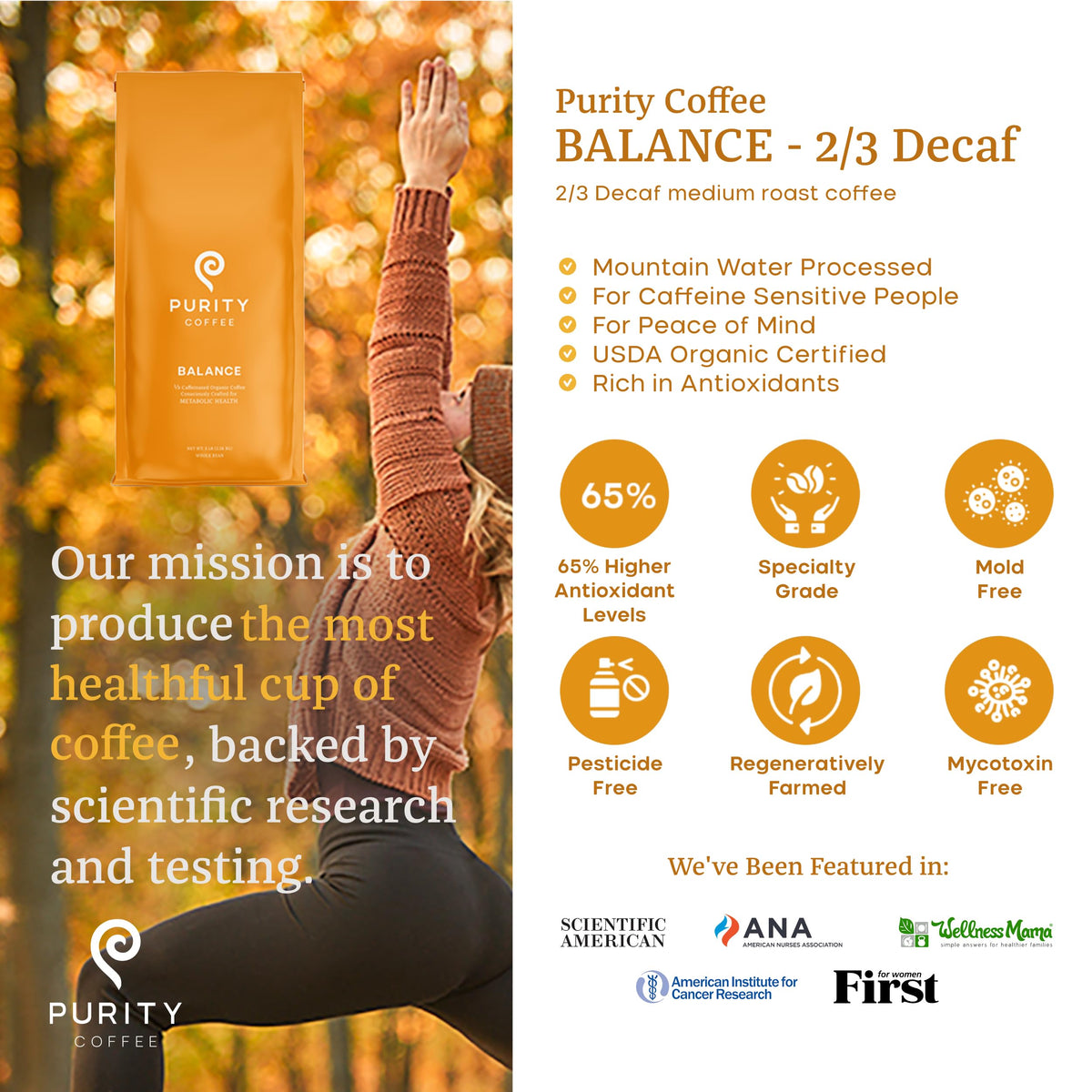 Purity Coffee BALANCE 2/3 Decaf Medium Roast Whole Bean (12oz) | Organic Mountain Water Decaf + Arabica Blend