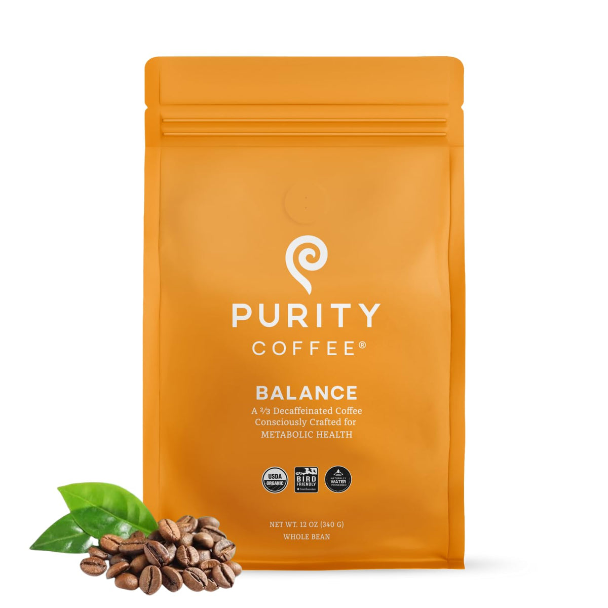 Purity Coffee BALANCE 2/3 Decaf Medium Roast Whole Bean (12oz) | Organic Mountain Water Decaf + Arabica Blend