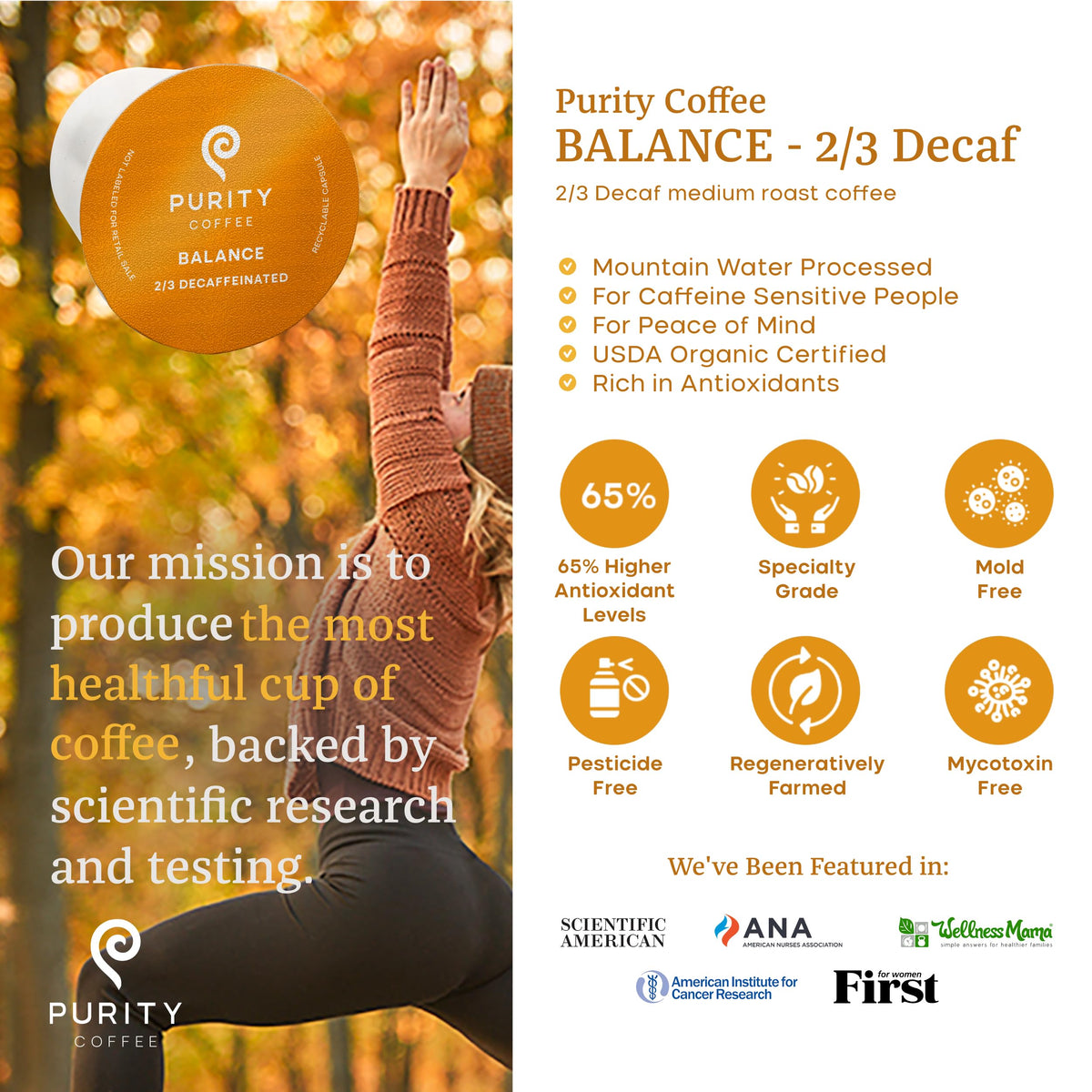 Purity Coffee BALANCE 2/3 Decaf K-Pod Capsules – 12ct Box | Organic & Regenerative