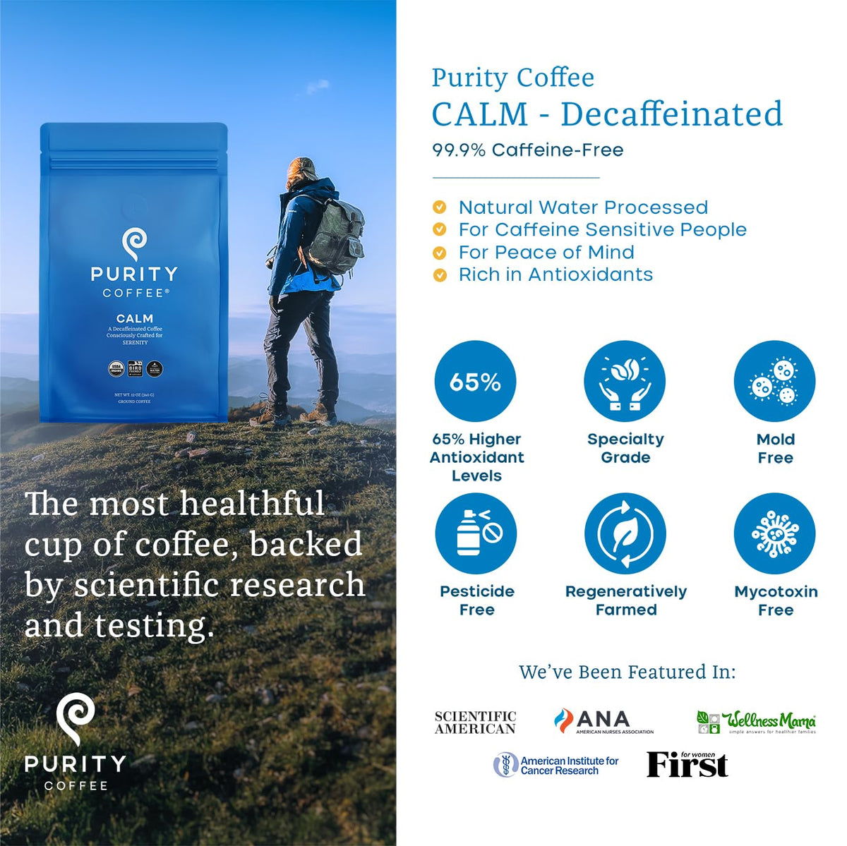 Purity Coffee CALM Decaf Medium Roast Ground (12oz) | USDA Organic Mountain Water Process Decaffeinated Coffee