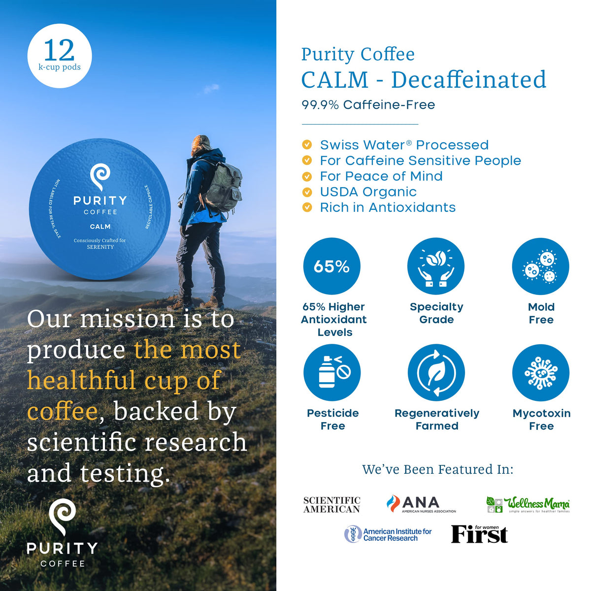 Purity Coffee CALM Decaf K-Pod Capsules (12ct) – Mountain Water Process, USDA Organic, Lab Tested