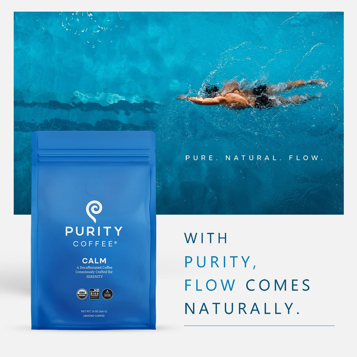 Purity Coffee CALM Decaf Medium Roast Ground (12oz) | USDA Organic Mountain Water Process Decaffeinated Coffee