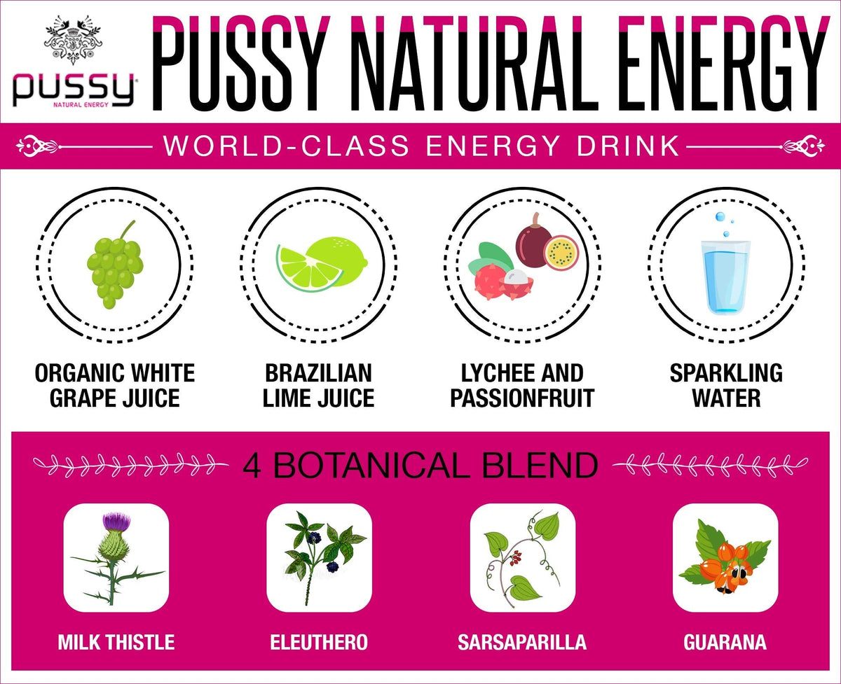 Pussy Natural Energy Drink 12 Pack – 12 x 8.4 oz Cans, 100% Natural Ingredients
