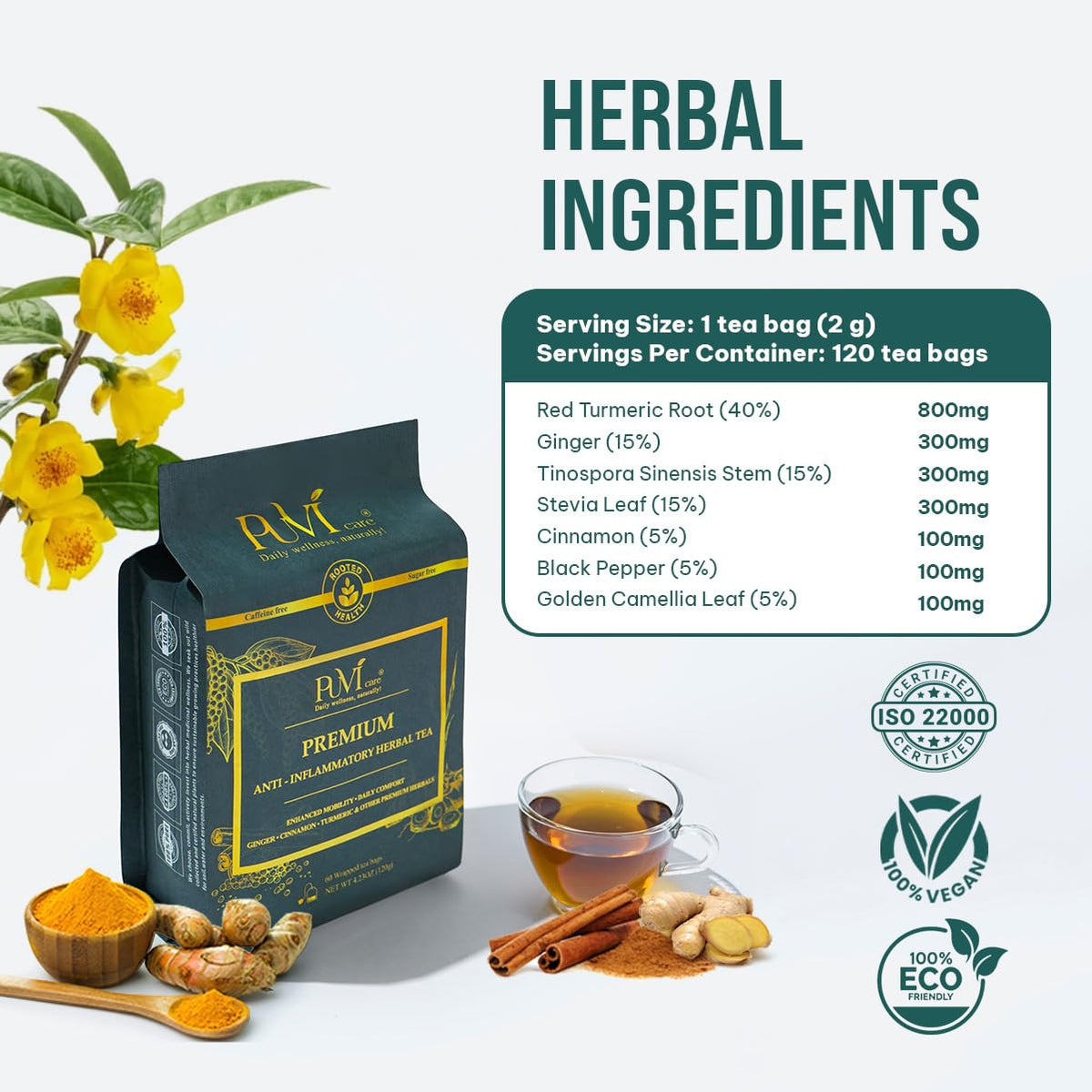 PUVI Care Turmeric Ginger Cinnamon Tea Bags – Organic, Caffeine-Free