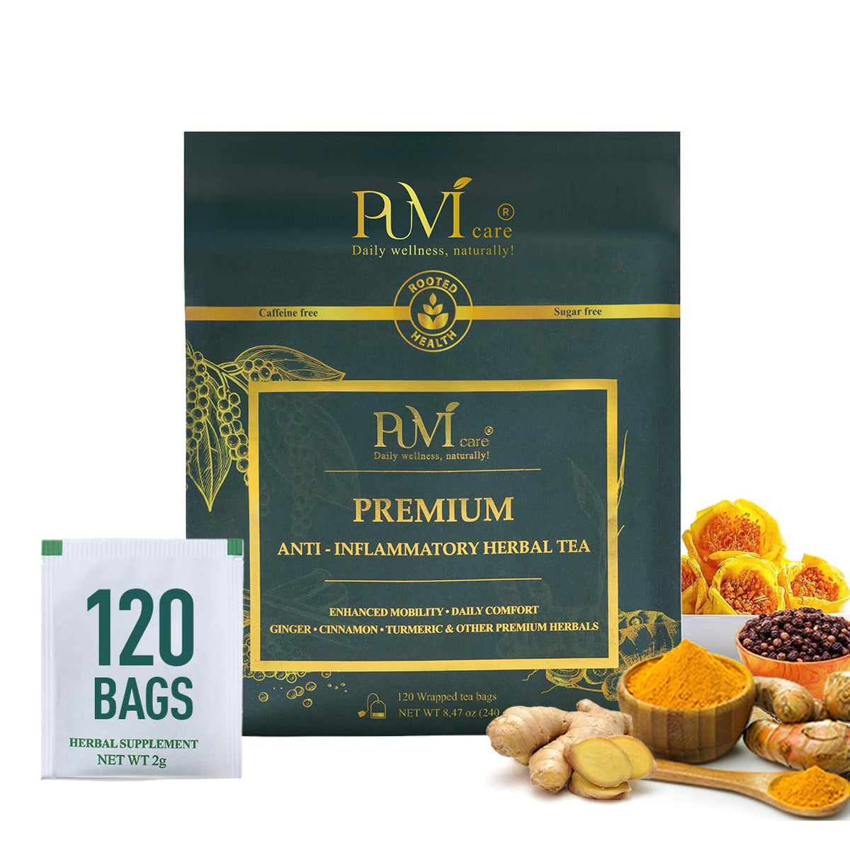 PUVI Care Turmeric Ginger Cinnamon Tea Bags – Organic, Caffeine-Free