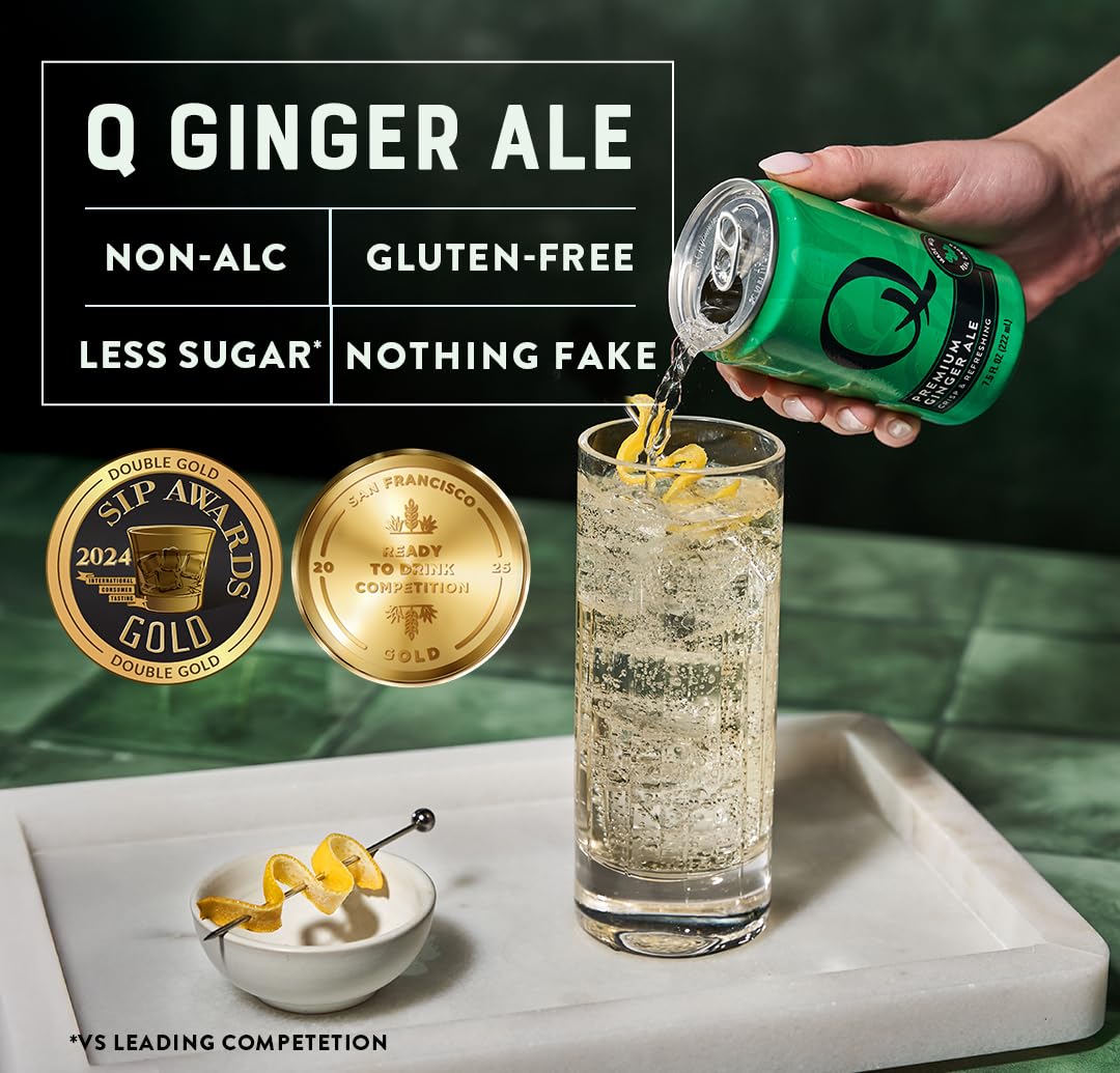 Q GINGER ALE with Real Ginger & Organic Agave – Ideal for Cocktails & Mocktails – 60 Calories per Can, 7.5 fl oz, Pack of 24