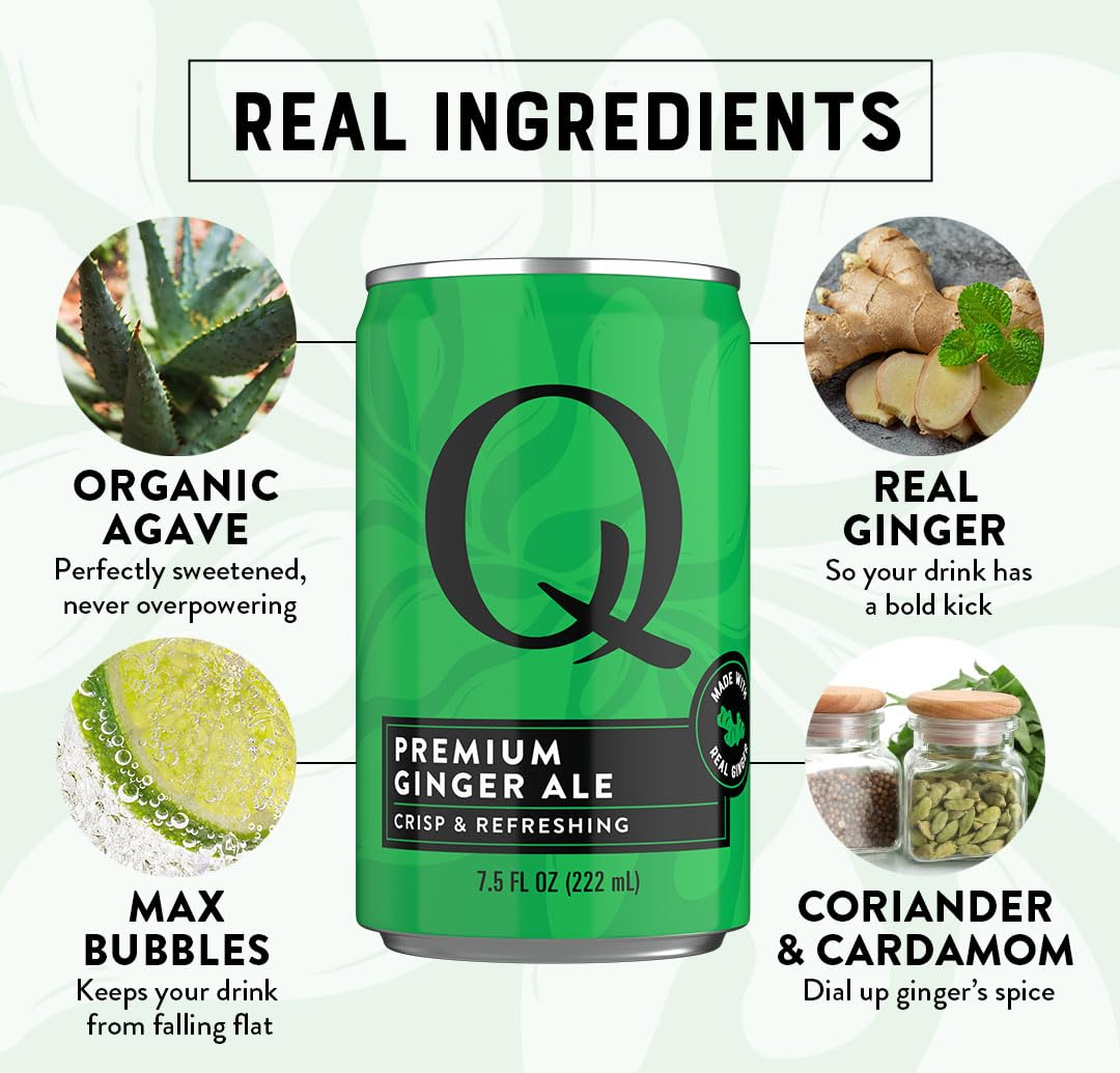 Q GINGER ALE with Real Ginger & Organic Agave – Ideal for Cocktails & Mocktails – 60 Calories per Can, 7.5 fl oz, Pack of 24