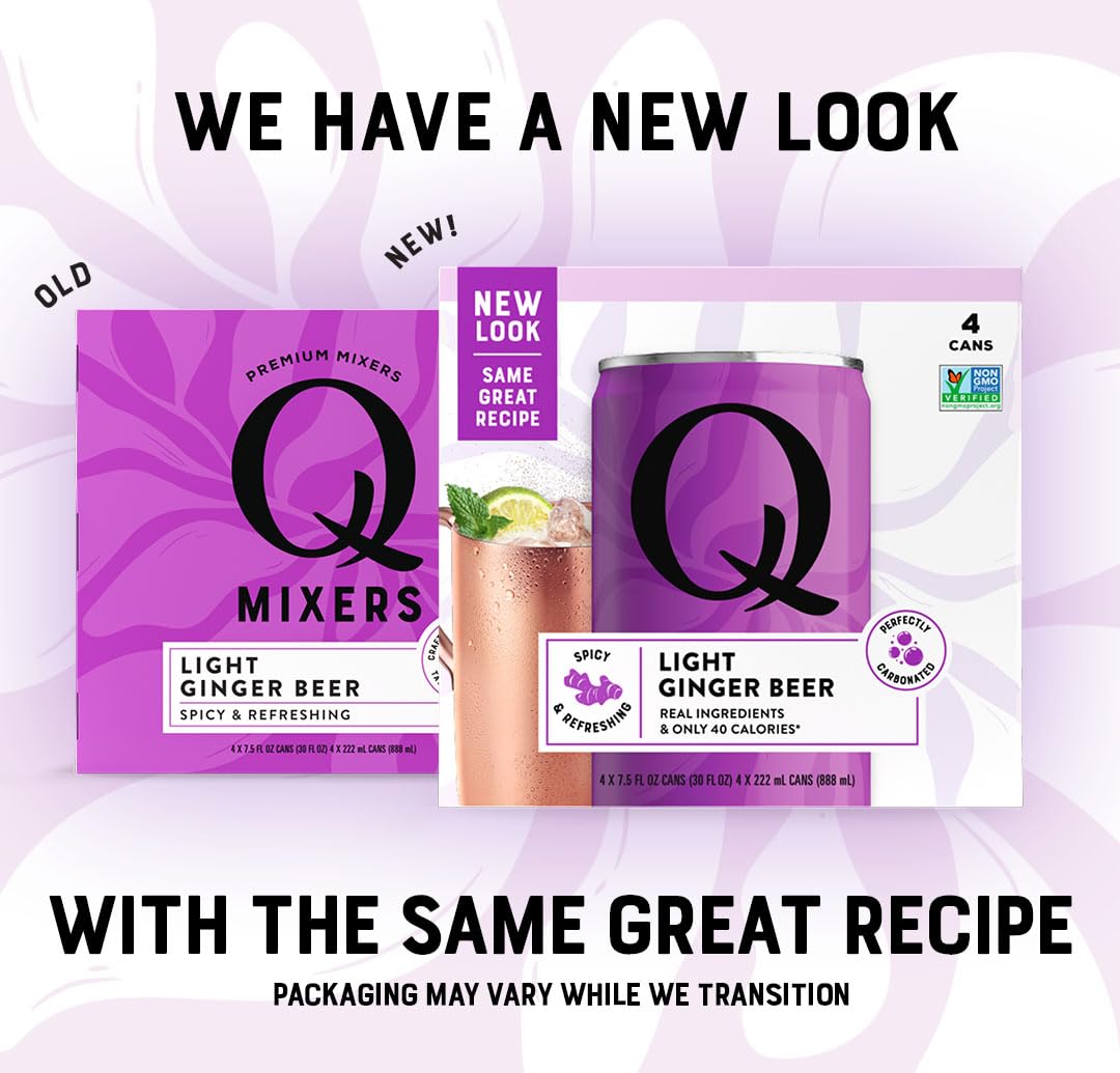 Q LIGHT GINGER BEER with Real Ginger & Organic Agave — Less Sweet, More Fizz | 40 Calories per Can | 7.5 Fl oz (Pack of 24)